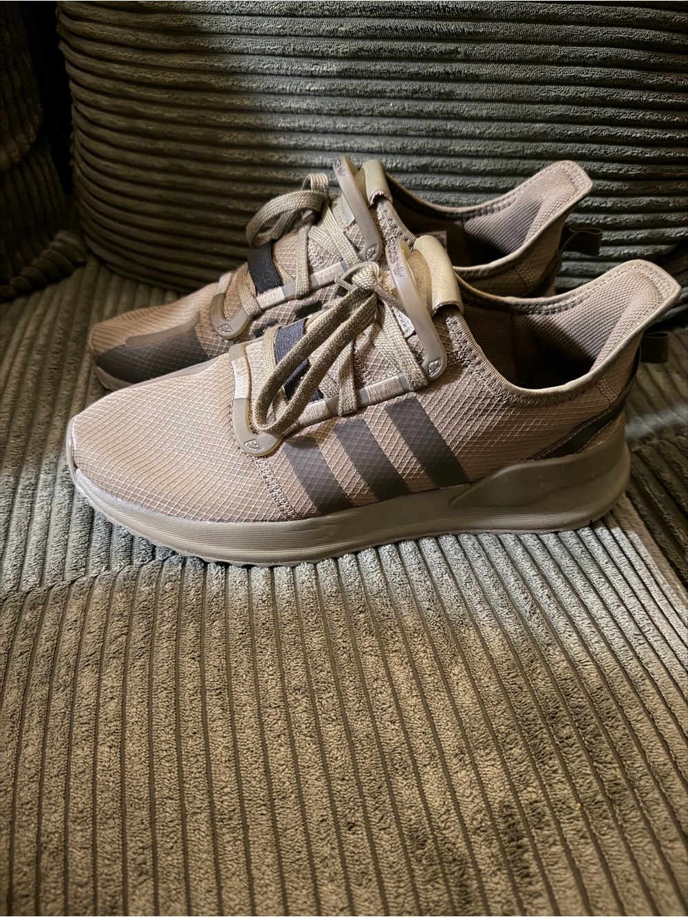 Olive Green/ adidas Men’s Taupe Knit Sneakers with Dark Brown Stripes